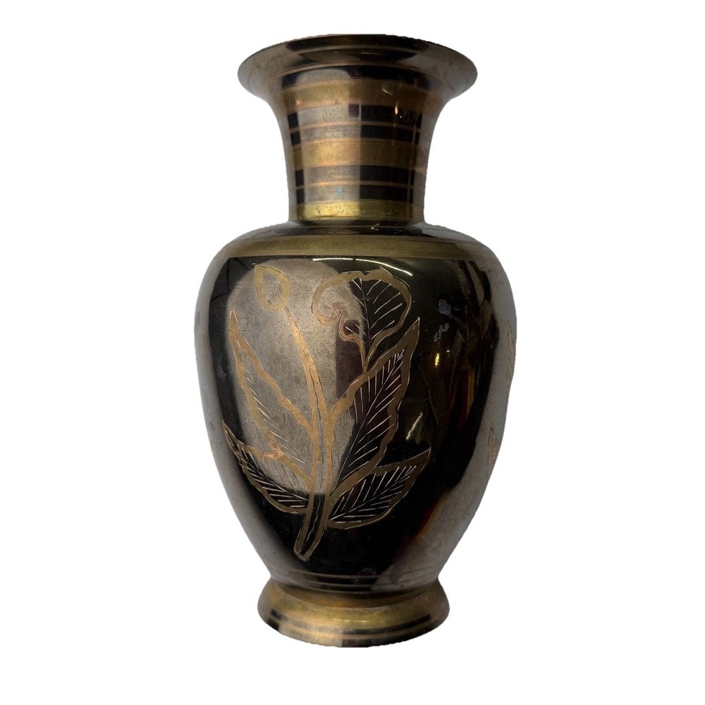 Vintage Etched Brass Vase 7" India Floral‎ Leaf Engraved Boho Decor Vintagecore